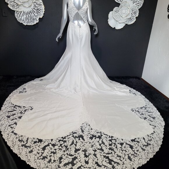 NWT~$2150~JUSTIN ALEXANDER~10/12~IVORY FIT & FLARE MERMAID LACE WEDDING DRESS - Picture 11 of 16